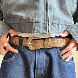 vintage style brown american western floral gold boho belt